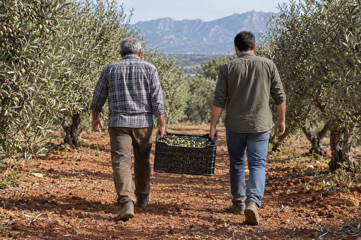 Baba ve oğlu, zeytin dolu bir kasayı birlikte taşıyarak bahçedeki ağaç sıraları arasında yürüyor
