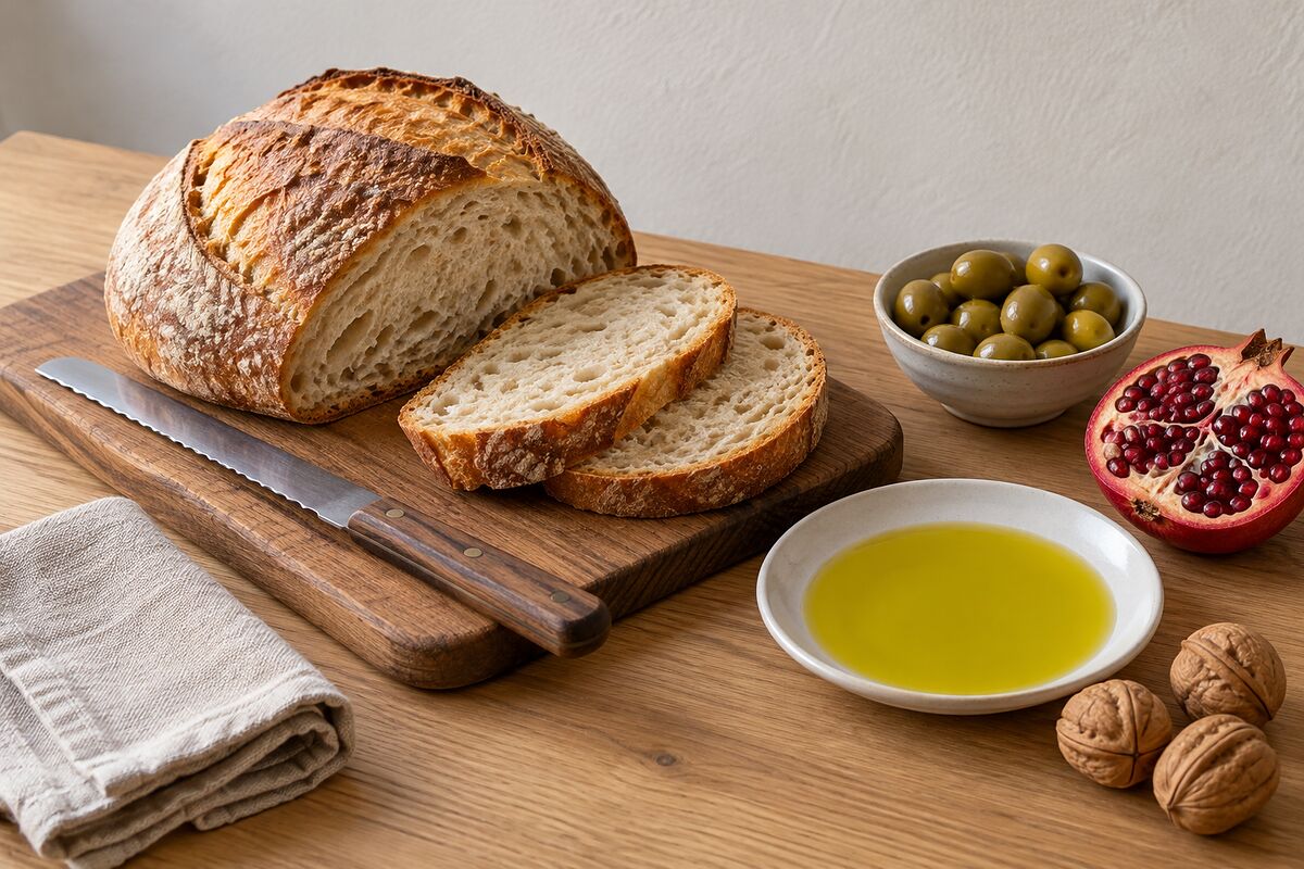 Taze ekşi mayalı ekmek, zeytinyağı, yeşil zeytin, nar ve cevizle kurulmuş bir sonbahar sofrası